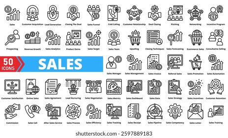 Set of sales web icons in line style. Containing Sales, Customer Acquisition, Lead Generation, Closing the Deal, Sales Funnel, Cold Calling, Customer Relationship, Deal Closing, Pitching