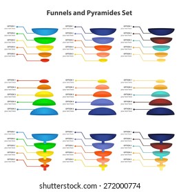 Set of Sales/Marketing Conversion Funnels and Pyramids, isolated on white