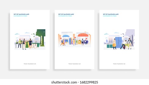 Set of salesmen and customers in stores. Flat vector illustrations of people in various stores. Shopping and service concept for banner, website design or landing web page