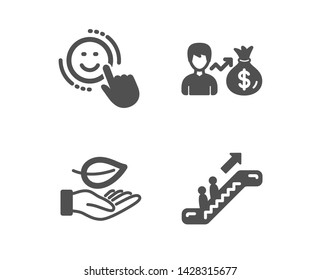 Set of Sallary, Leaf and Smile icons. Escalator sign. Person earnings, Plant care, Positive feedback. Elevator.  Classic design sallary icon. Flat design. Vector