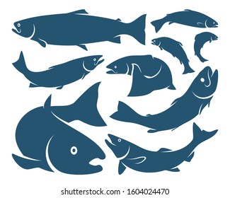 Set of Salmon Fish design vector. Fishing logo design template illustration . Sport fishing Logo