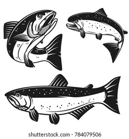 Set of salmon fish icons isolated on white background. Design element for poster, logo, label, emblem, sign, t shirt. Vector illustration