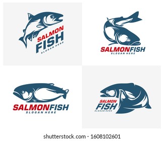 Set of Salmon Fish logo design vector. Fishing logo design template illustration . Sport fishing Logo