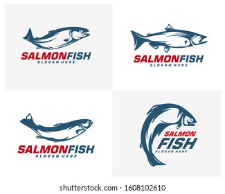 Set of Salmon Fish logo design vector. Fishing logo design template illustration . Sport fishing Logo