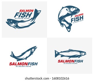 Set of Salmon Fish logo design vector. Fishing logo design template illustration . Sport fishing Logo