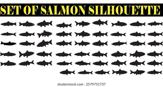 Set of Salmon Fish silhouette in line art style. Fish vector by hand drawing, Fish tattoo on white background, Fish Vector Illustration.