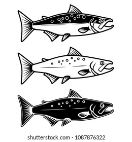 Set of salmon icons on white background. Design element for logo, label, emblem, sign. Vector illustration