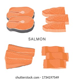 Set of Salmon, raw fish slice and meat steaks isolated on a white background. Cartoon Vector illustration