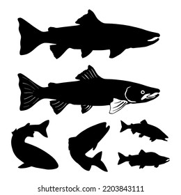 Set of salmon silhouette in line art style.Fish vector by hand drawing.Fish tattoo on white background.Black and white fish vector on white background.Salmon fish sketch for coloring book