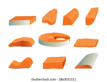 Lachsschnitt in Stücken für Meeresfrüchte und Sushi. Vektorgrafik auf weißem Hintergrund.