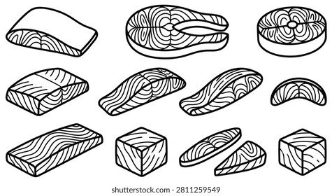 Set of salmon slices and cubes, different shapes raw fish in line art style. Fresh red fish meat for sushi and cooking.