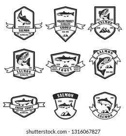 Set of salmon and trout emblems. Design element for logo, label, sign, poster, banner. Vector illustration