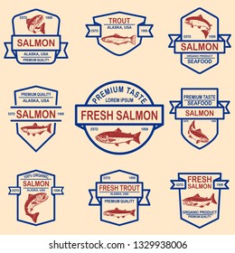 Set of salmon, trout seafood labels. Design element for logo, label, sign, poster, banner. Vector illustration
