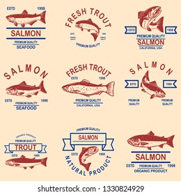 Set of salmon, trout seafood labels. Design element for logo, label, sign, poster, banner. Vector illustration