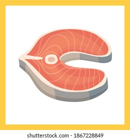 Set salmon vector illustration. Fillet, steak and fish salmon in cartoon style. Seafood product design.Seafood products set with salmon steak shrimp prawns fish crab isolated illustration
