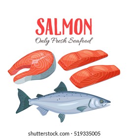 Set salmon vector illustration. Fillet, steak and fish salmon in cartoon style. Seafood product design.