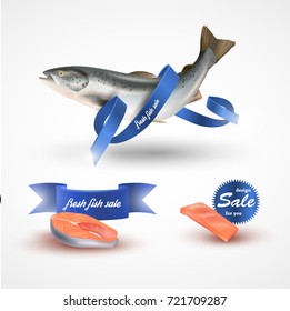 Set salmon vector illustration. Fillet, steak and fish salmon isolated on white without blue ribbon