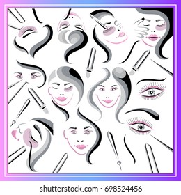 Set for salon eyelash extension, shop cosmetic products, lash maker, stylist. For invitation, flyer, sticker, poster, banner, card, label, cover, web. Vector illustration.