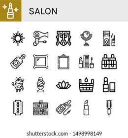 Set of salon icons such as Lipstick, Mirror, Hair dryer, Mask, Aromatherapy, Essential oil, Makeup, Essential oils, Facial treatment, Facial mask, Lotus flower, Sauna , salon