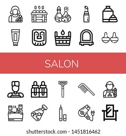 Set of salon icons such as Makeup artist, Shaving cream, Sauna, Mask, Essential oil, Lipstick, Mirror, Massage, Barber, Essential oils, Razor blade, Eyeliner, Comb, Hair dryer