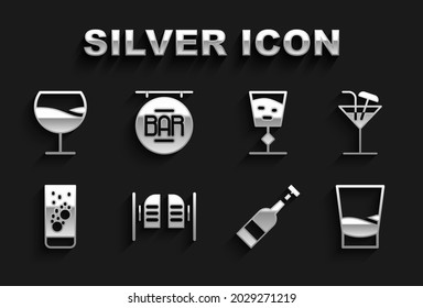 Set Saloon door, Cocktail, Glass of vodka, Opened bottle wine, Effervescent tablets water, Wine glass,  and Street signboard with Bar icon. Vector