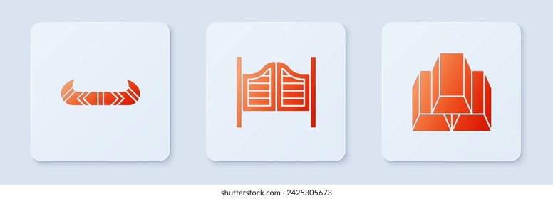 Set Saloon door, Kayak canoe and paddle and Gold bars. White square button. Vector