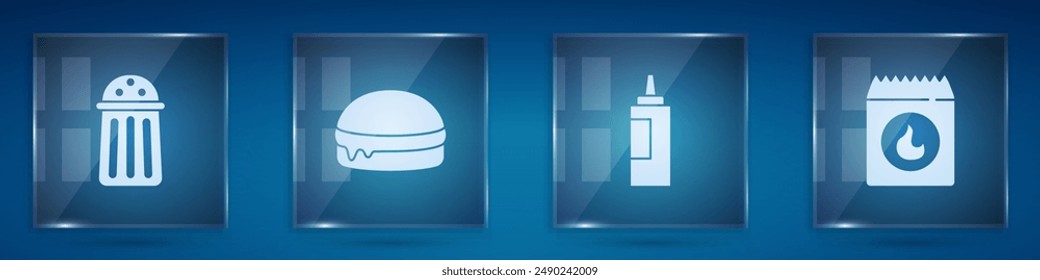 Set Salz, Burger, Saucenflasche und Grillkohlentasche. Quadratische Glasscheiben. Vektorgrafik
