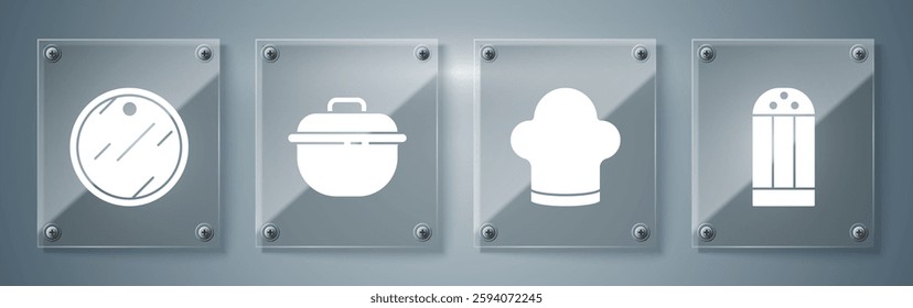 Set Salt, Chef hat, Cooking pot and Cutting board. Square glass panels. Vector