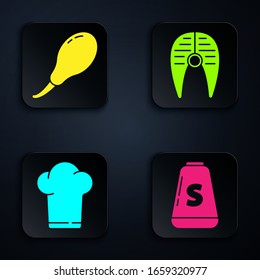Set Salt, Chicken leg, Chef hat and Fish steak. Black square button. Vector