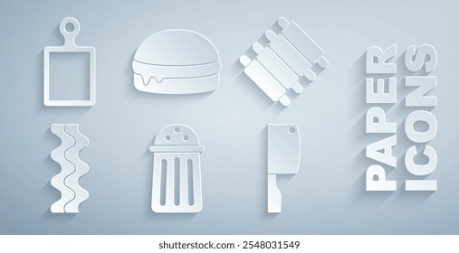 Set Salt, Grilled pork bbq ribs, Bacon stripe, Meat chopper, Burger and Cutting board icon. Vector