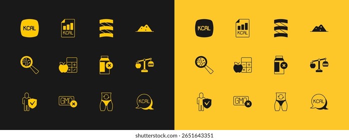 Set Salt, No GMO, Lactose intolerance, Metabolism, Calorie calculator, Sports nutrition proteine, Kcal and Diet plan icon. Vector
