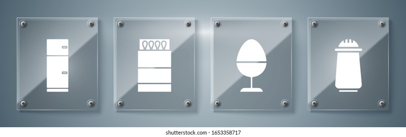 Set Salt and pepper, Chicken egg on a stand, Open matchbox and matches and Refrigerator. Square glass panels. Vector