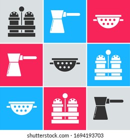 Set Salt and pepper , Coffee turk  and Kitchen colander  icon. Vector