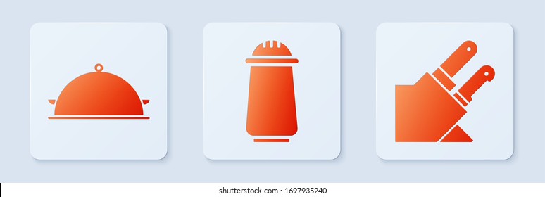 Set Salt and pepper, Covered with a tray of food and Knife. White square button. Vector