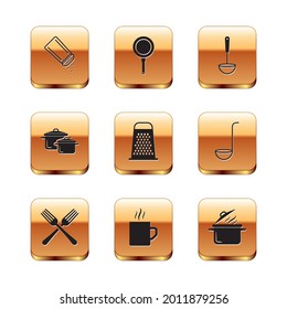 Set Salt and pepper, Crossed fork, Coffee cup, Grater, Cooking pot, Kitchen ladle,  and Frying pan icon. Vector