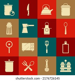 Set de Sal y pimienta, Cutting board, Spoon, Kettle con mango, Coffee turk, Cooking pot-cooking o icono del delantal de cocina. Vector
