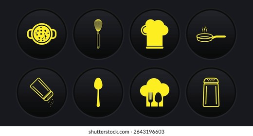 Set Salt and pepper, Frying pan, Spoon, Chef hat with fork spoon, Kitchen whisk,  and Cooking soup pot icon. Vector