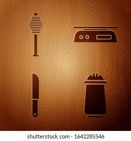 Set Salt and pepper, Honey dipper stick, Knife and Electronic scales on wooden background. Vector