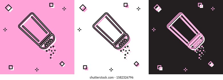 Set Salt and pepper icon isolated on pink and white, black background. Cooking spices.  Vector Illustration