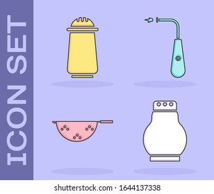 Set Salt and pepper, Salt and pepper, Kitchen colander and Long electric lighter icon. Vector