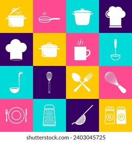 Set Salt and pepper, Kitchen whisk, ladle, Cooking pot, Chef hat,  and Coffee cup icon. Vector