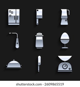 Set Salt and pepper, Knife, Scales, Chicken egg on stand, Covered with tray of food, Long electric lighter, Moka pot and Refrigerator icon. Vector