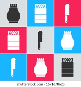Set Salt and pepper, Open mate y cerillas y el icono del cuchillo de pan. Vector