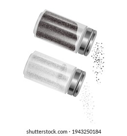 Set of Salt and pepper. Pair of transparent glass shaker with metal cap. Realistic Illustration
