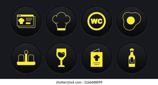 Set Salt and pepper, Scrambled eggs, Wine glass, Cookbook, Toilet, Chef hat, bottle and Online ordering delivery icon. Vector