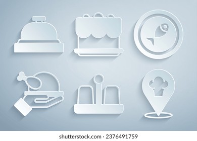 Set Salt and pepper, Served fish on plate, Roasted turkey or chicken, Chef hat with location, Cake and Hotel service bell icon. Vector