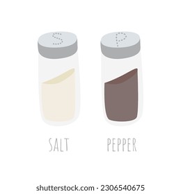 Set of salt and pepper transparent glass shakers with perforated metal cap. Isolated on a white background, these kitchen essentials add flavor and style to your culinary designs. Vector illustration.