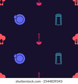Set Salt and pepper, Washing dishes, Kitchen ladle and Chef hat with fork spoon on seamless pattern. Vector