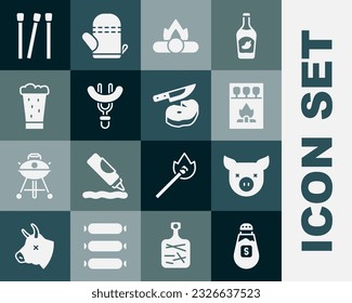 Set Salt, Pig, Matchbox and matches, Campfire, Sausage on the fork, Glass of beer, Matches and Steak meat knife icon. Vector