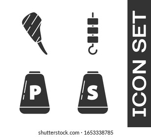 Set Salt, Rib eye steak, Pepper and Grilled shish kebab on skewer stick icon. Vector
